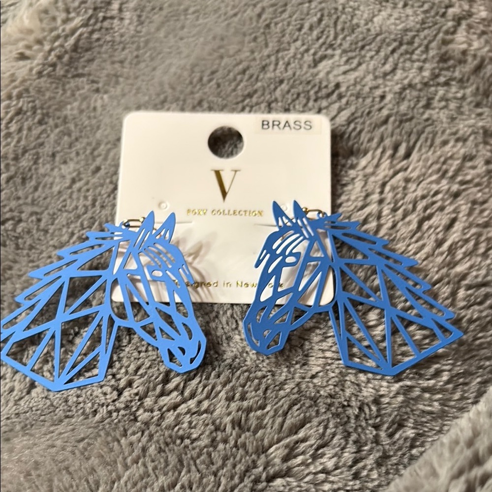 Vibrant Blue Geometric Horse Head Earrings